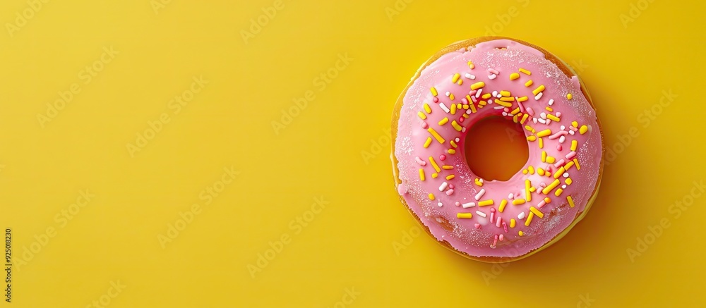 Poster top-down picture of a donut in a circular marshmallow border against a yellow backdrop with copy spa