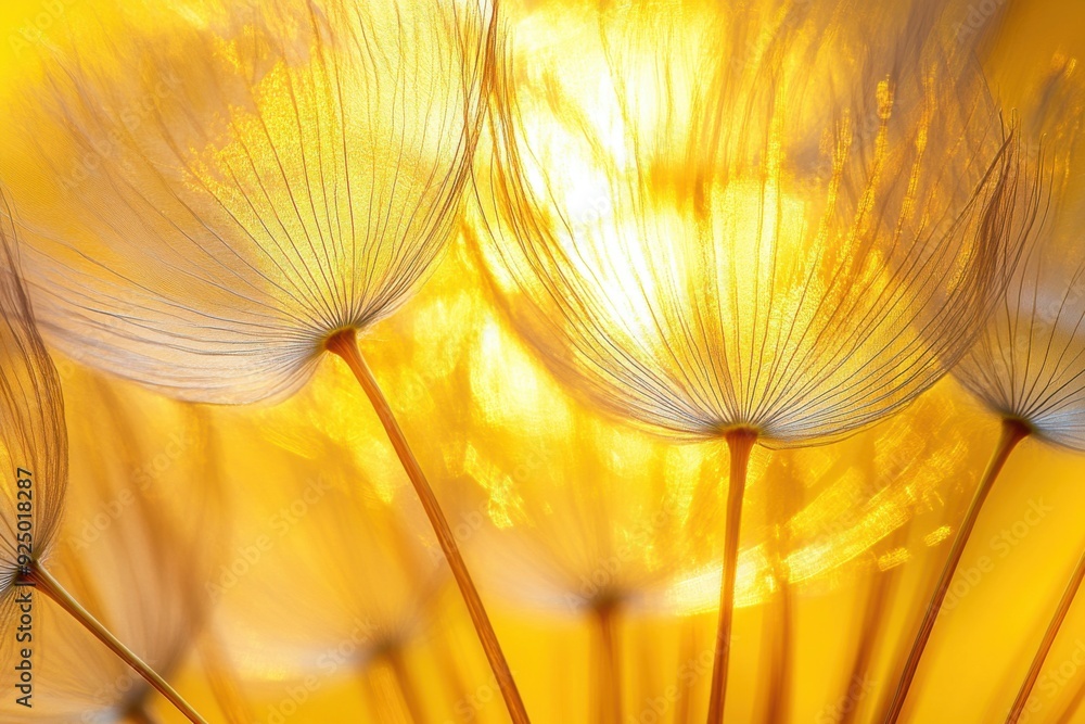 Poster A macro shot of the delicate seeds and fine filaments on dandelion petals, illuminated by golden sunlight, creating an ethereal glow that highlights their intricate details.