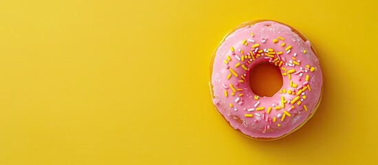 Top-down picture of a donut in a circular marshmallow border against a yellow backdrop with copy space image.