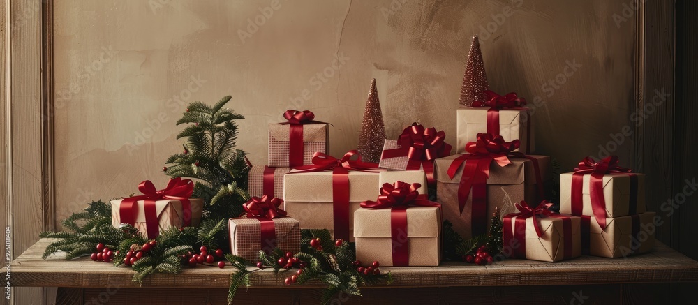 Poster various christmas gift boxes with ribbons neatly arranged on a table, creating a festive holiday vib
