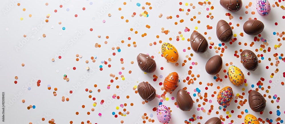 Poster several easter-themed chocolate eggs arranged neatly on a white backdrop with vibrant confetti, crea