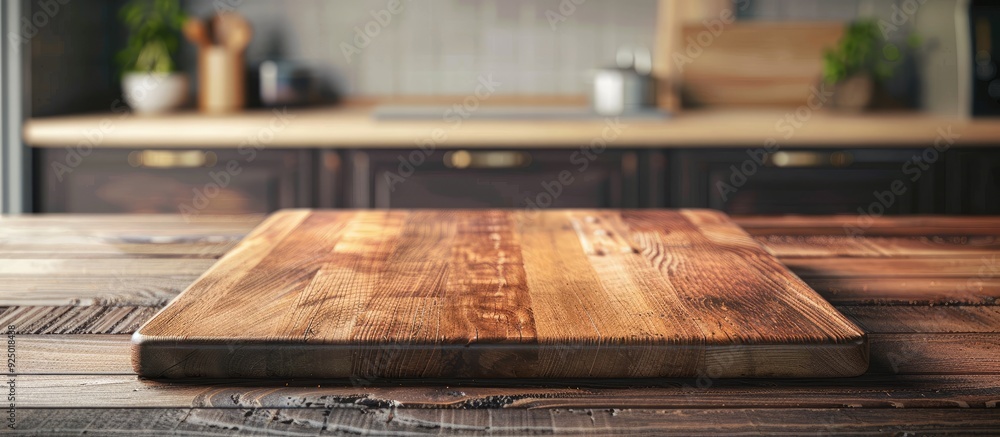 Poster culinary background featuring an empty wooden cutting board for product display with copy space imag