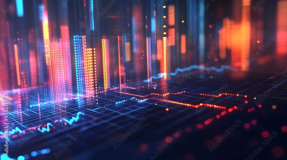 Poster futuristic 3d rendered market trend analysis with flowing data lines and geometric graphs