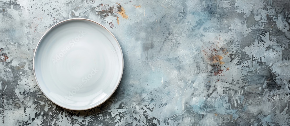 Poster view from above of a blank plate on a concrete surface with copy space image for your design.