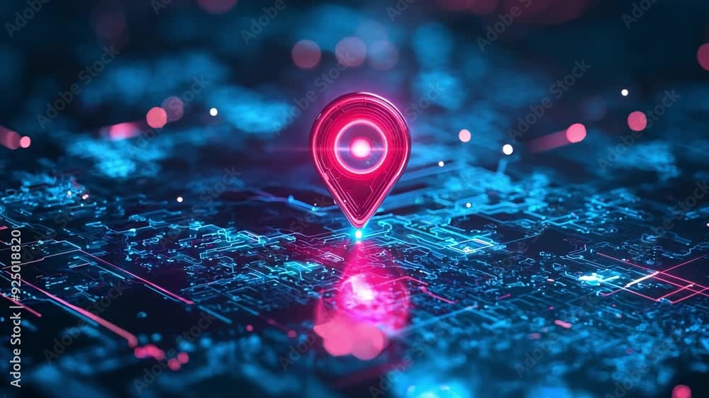 Aufkleber a glowing navigation marker hovers above a digital map, highlighting a specific location with striki