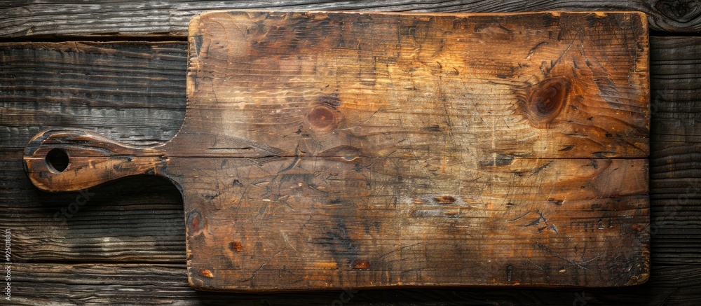 Poster wooden chopping board surface provides a rustic backdrop with copy space image for text, textures, a