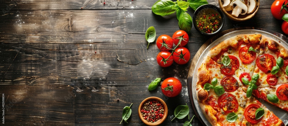 Poster getting a vegan pizza ready for baking in the oven with copy space image.