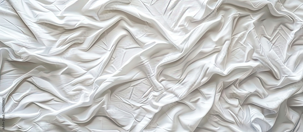 Poster top view of an unmade white bedsheet with a wrinkled texture, creating a rippled surface background,