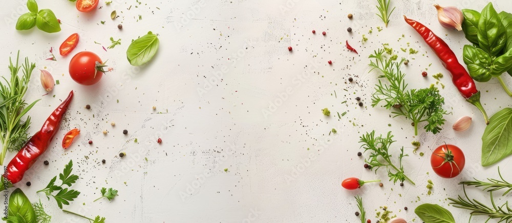 Poster fresh herbs and vegetables arranged on a light background with copy space image.