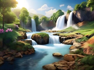 photo Beautiful view of waterfall and mountain landscape Generative AI