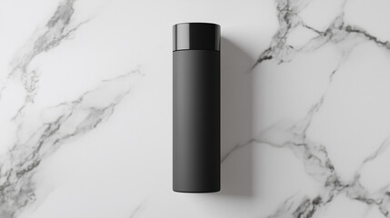 Elegant black cosmetic bottle on marble background