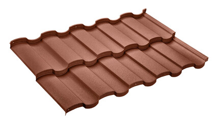 Lightweight red steel roofing sheet isolated on white background. Modular tile effect roof panel. Traditional metal shingle tiles. Popular profiled metallic pantile mimic clay or concrete slate