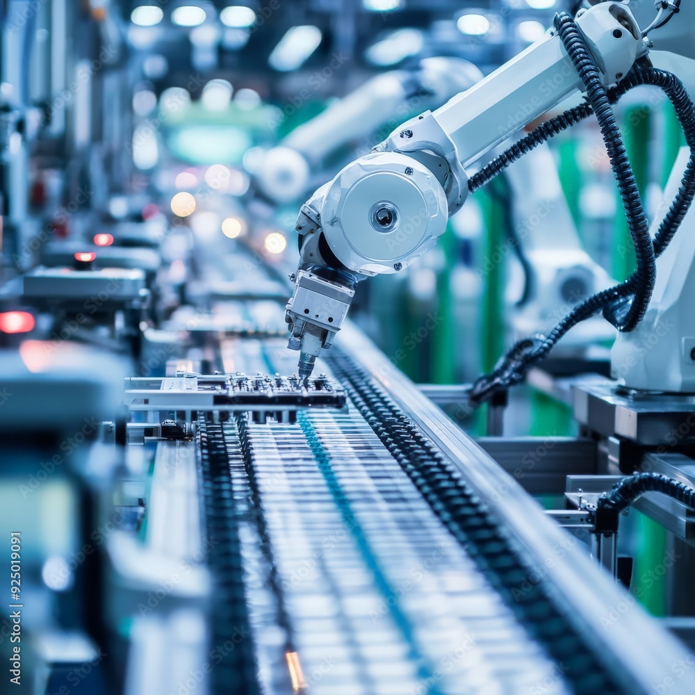Poster robotic arms automate a high-tech production line in a modern factory, showcasing cutting-edge techn