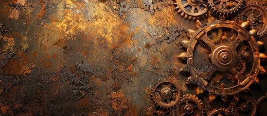 Naklejka premium Steampunk-themed setting with brass cogwheels and textured background featuring a spacious area for additional elements like a copy space image.