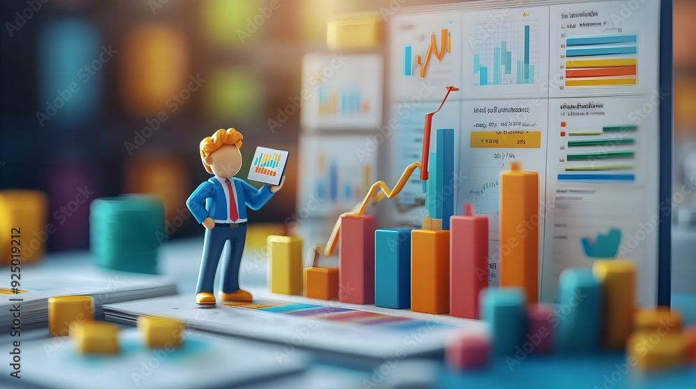 Poster thorough business report analysis with 3d rendered charts and graphs