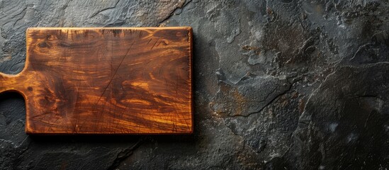 Top view of a wooden cutting board on a dark stone background with copy space image available.