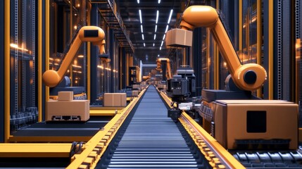 Robotic arms on a conveyor belt in an automated factory, showcasing advanced industrial automation and technology.