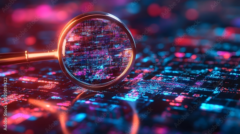 Poster 3d rendered data analysis with magnifying glass