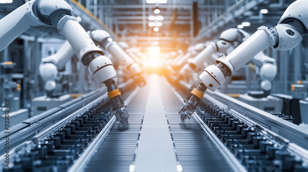 Poster robotic arms working on an automated assembly line in a modern factory, highlighting advanced manufa