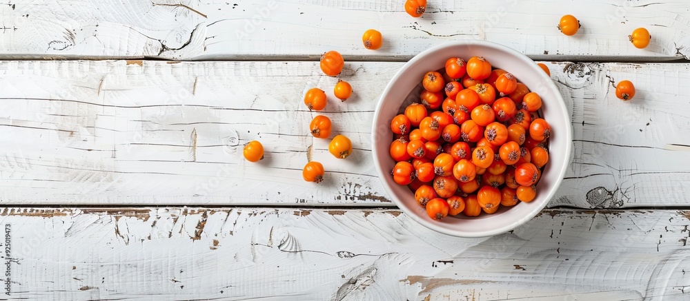 Poster top view of a bowl filled with ripe sea buckthorn berries on a white wooden backdrop, ideal for addi
