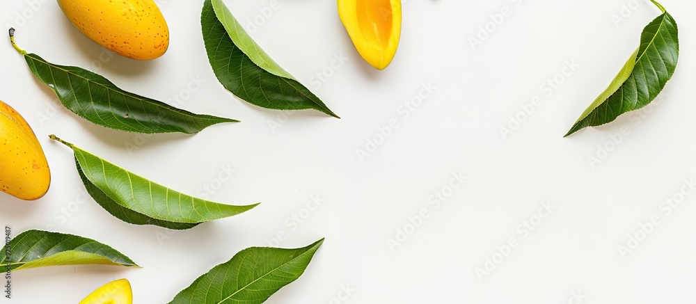 Poster fresh mango and green leaves stand alone on a white background with a clipping path, leaving space f