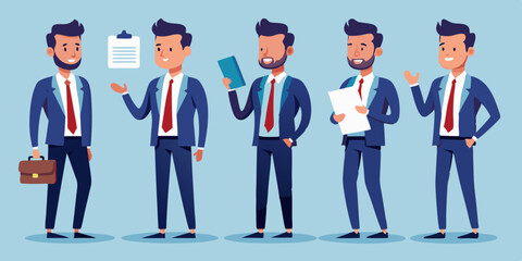 Business man character set. Man looks at the report, takes notes, reads, points. Full length guy in a business suit. Vector illustration

