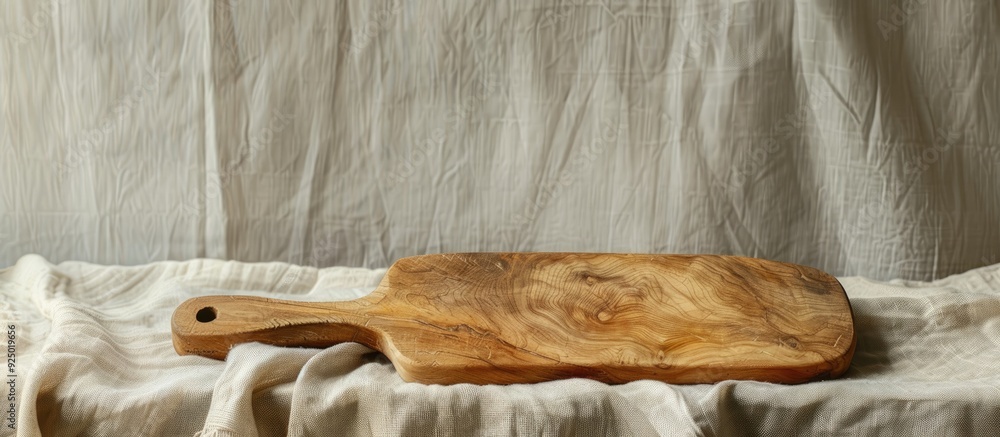 Poster minimalist kitchen concept featuring a wooden cutting board on a table covered with a linen tableclo