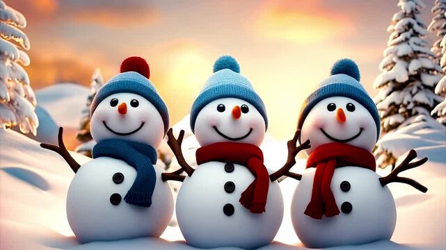Three snownowman in front on Christmas scenery with copy space, zooming.