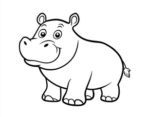 Minimalist black and white hippopotamus illustration for children's coloring book with simple kawaii style and playful expression