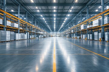 Obraz premium Spacious modern warehouse interior with organized shelves and well-lit environment, perfect for industrial storage and logistics solutions.