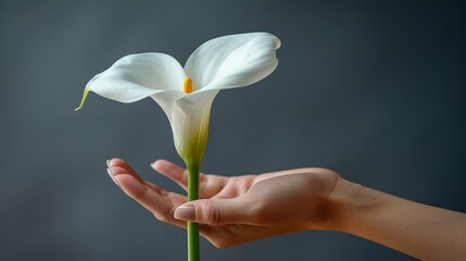 Obraz premium A close-up of a woman's hand holding a delicate white calla lily in the lower right corner against a dark, gradient background, representing purity and strength.