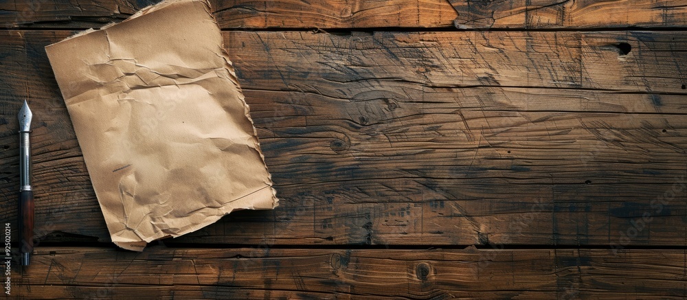 Aufkleber wood texture background with copy space image featuring opened note paper and pen.