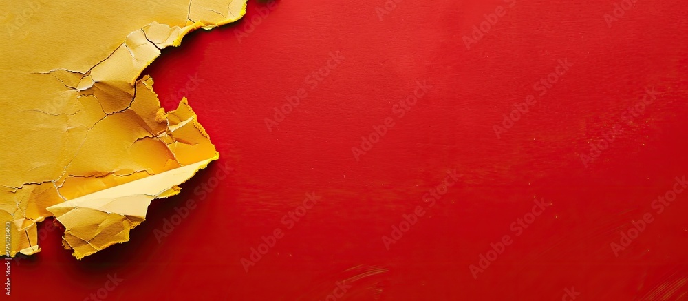 Poster yellow sheet torn against a red backdrop creating a vibrant copy space image.