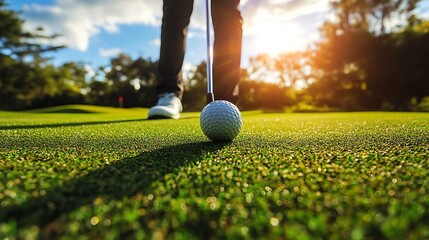 A Golf Ball on a Putting Green with a Golfer in the Background