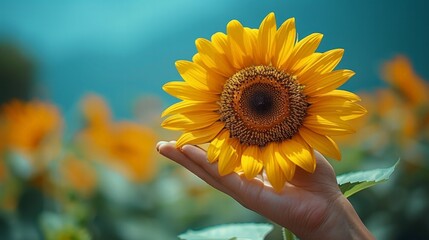 Fototapeta premium In the lower right corner, a woman's hand gently holds a blooming sunflower against a clear, blue sky background, representing optimism and strength.