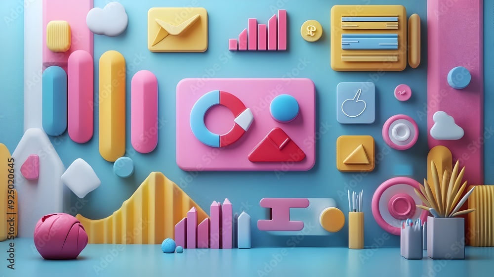 Poster digital marketing analysis with 3d rendered social graphs and analytics icons