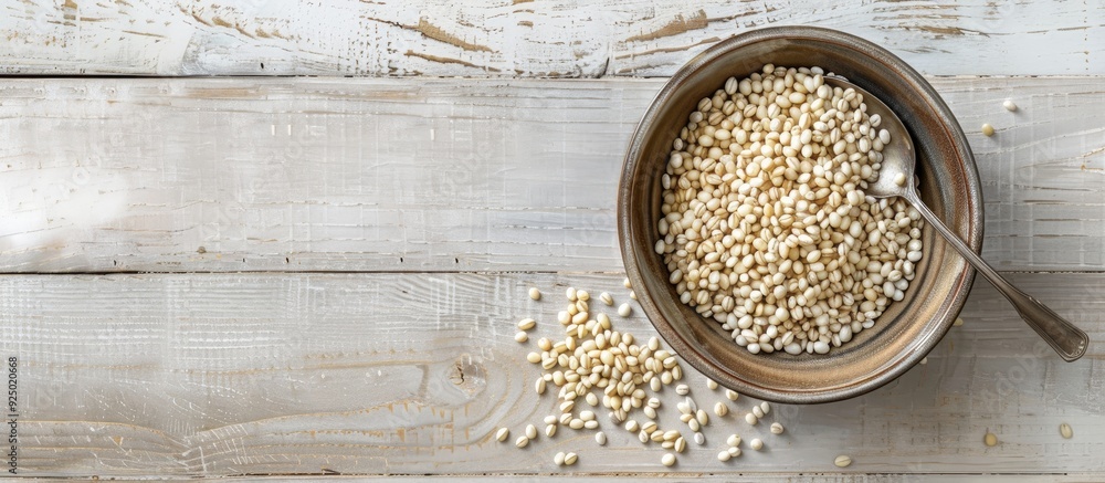 Poster top view of a bowl of dried pearl barley with a spoon on a light wooden table, suitable for adding t