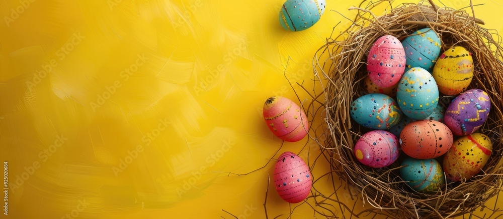 Poster top view easter background featuring colorful eggs in a nest on a yellow backdrop with a banner and 