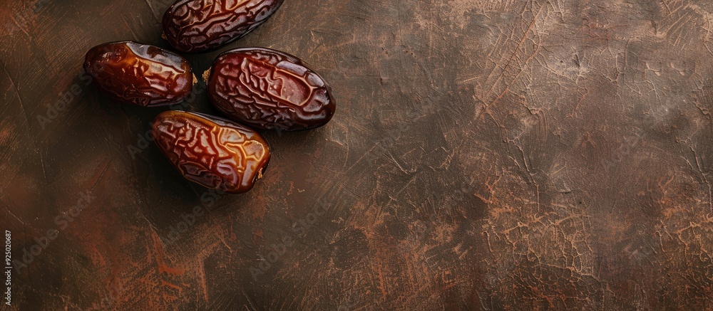 Poster three delicious dates ripe for eating are displayed on a brown surface with space for adding text or