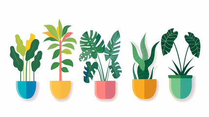 Set of different plants in pots isolated on white background illustration