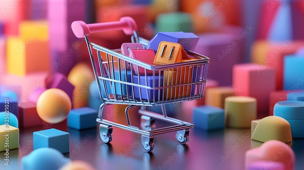 Poster ecommerce sales analysis with 3d digital cart and metrics visualization