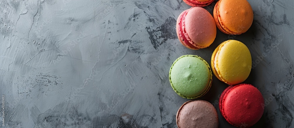 Poster macaroon or macaron biscuits arranged neatly on a grey backdrop with plenty of copy space image.