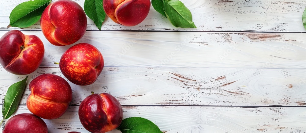 Poster White wooden table displayed nectarines with copy space image.