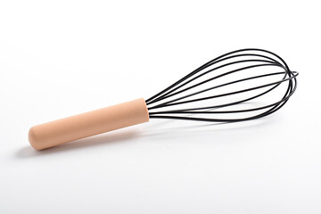 Whisk or egg beater isolated on white background. Silicone whisk with wooden handle, clipping path.