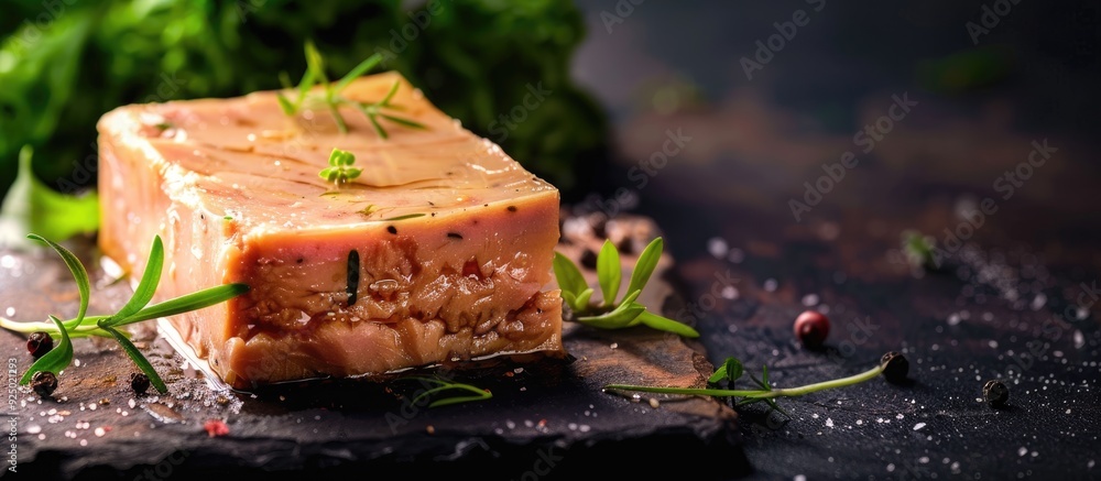 Poster foie gras block from goose or duck liver, ready-to-eat on a rustic table, with a food background and