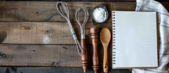 Wooden table featuring metal kitchen utensils placed next to an empty notebook, giving the viewer a perfect copy space image.