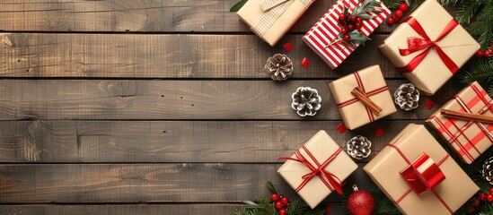 Fototapeta premium Top view of Christmas gift boxes displayed on a grey wooden background with available copy space image.