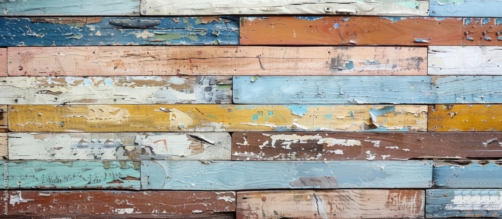 Poster obliquely arranged vintage wooden planks with peeling paint create a textured background for design 