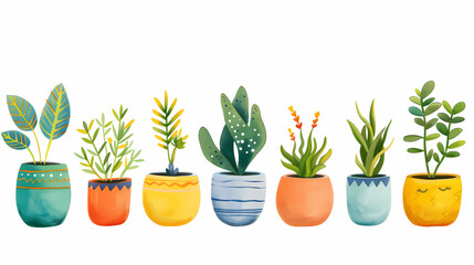 Obraz premium Set of different plants in pots isolated on white background illustration