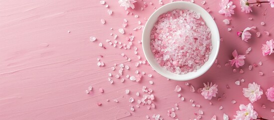Fototapeta na wymiar Top view of a spa composition featuring aromatic sea salt crystals infused with rose essential oil, set against a pink pastel background in a minimalistic style, perfect for a copy space image.